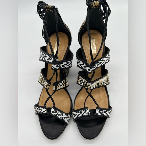 Schutz Woven Raffia Block Heel Lace-Up Strappy Sandals Black/White Sz 7 - Picture 10 of 16